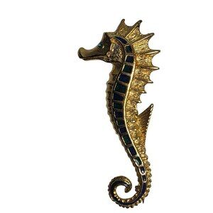 Vintage Gold tone Seahorse Pin Brooch Blue Green ocean animal beach